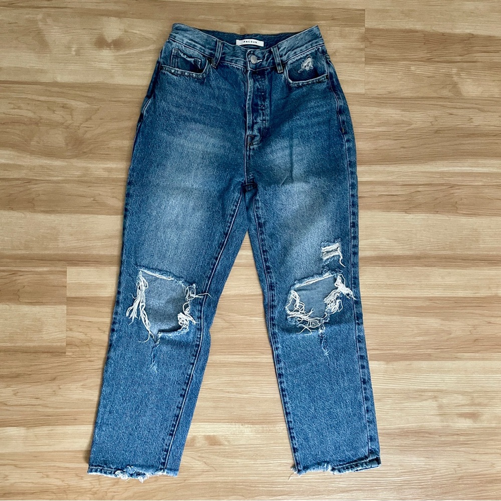 PacSun High Rise Straight Leg Jeans Blue Holes Distressed Button Women’s Size 26